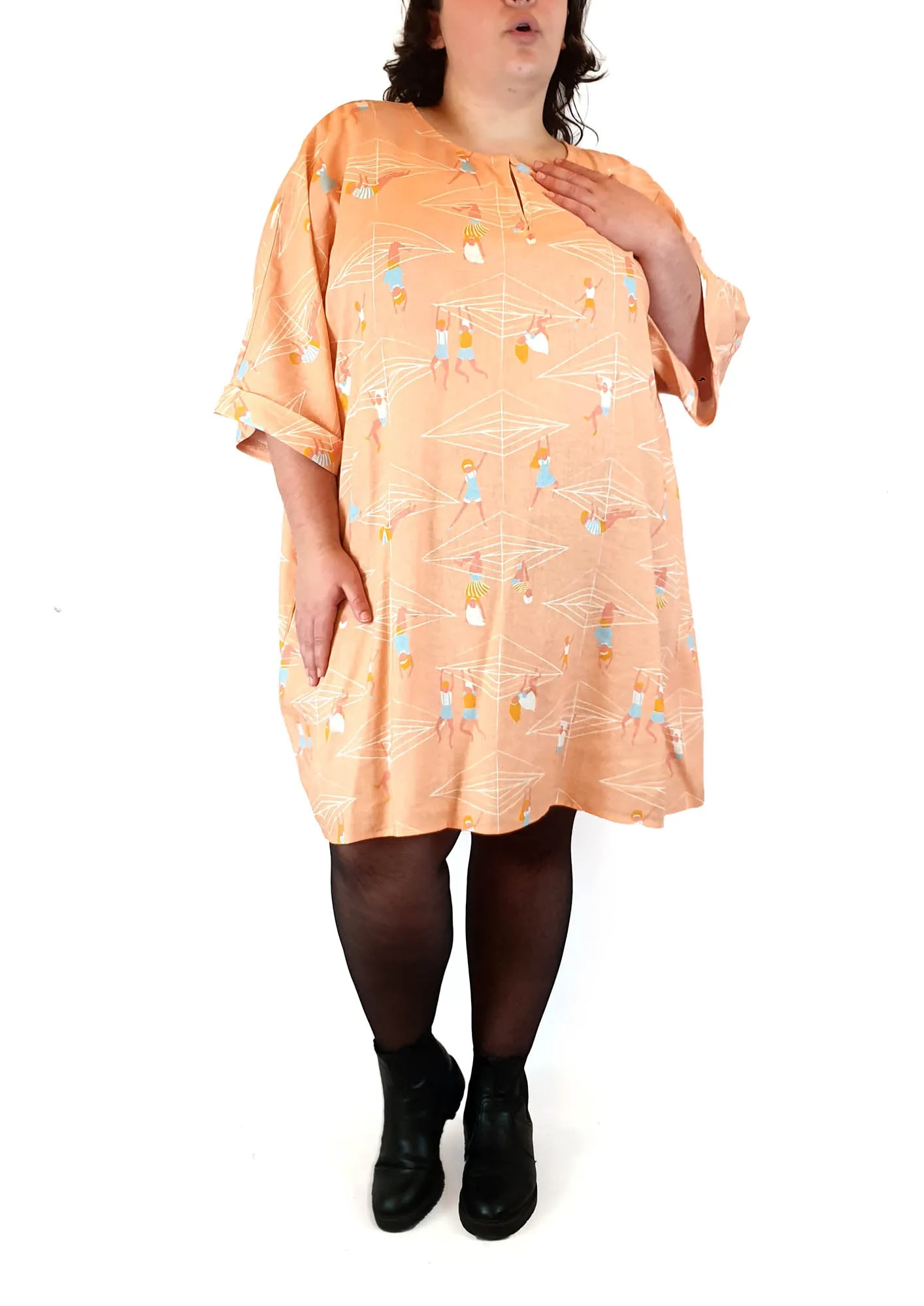 Jericho Road peach linen mix boxy dress with cute print size 20