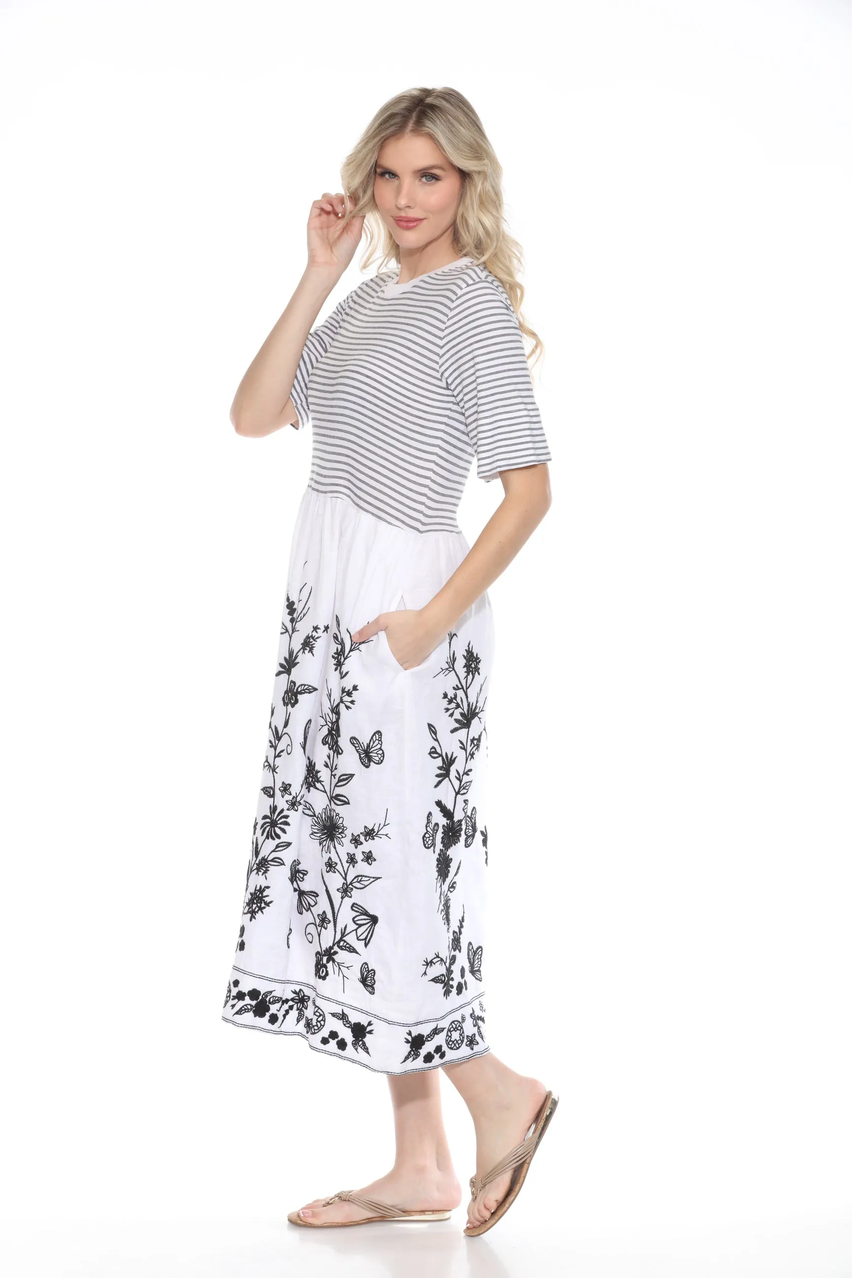 Johnny Was JWLA Domingo Linen Stripe Knit Mix Midi Dress J31724