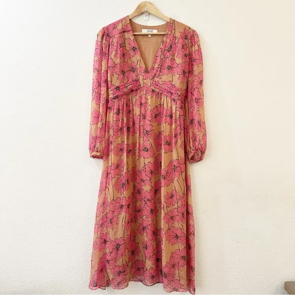 JOIE Womens Kaz Floral Silk Tie-Back Silk Midi Dress Size S Sandstorm