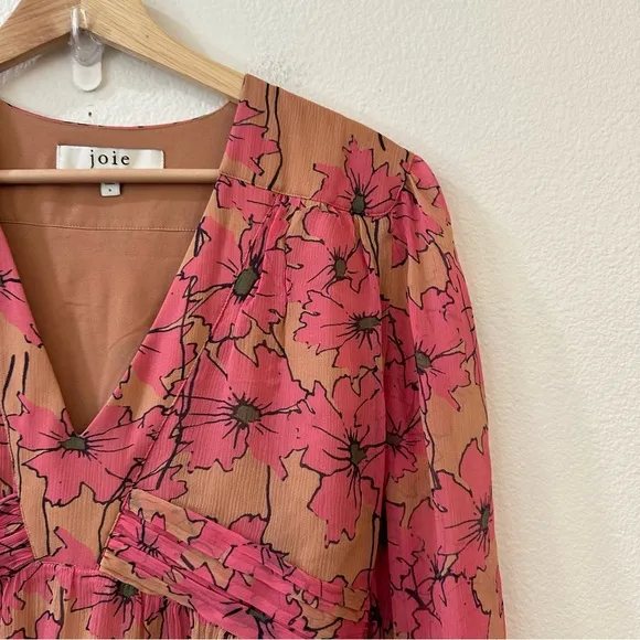 JOIE Womens Kaz Floral Silk Tie-Back Silk Midi Dress Size S Sandstorm