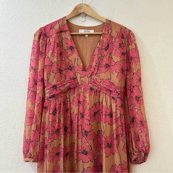 JOIE Womens Kaz Floral Silk Tie-Back Silk Midi Dress Size S Sandstorm