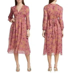 JOIE Womens Kaz Floral Silk Tie-Back Silk Midi Dress Size S Sandstorm
