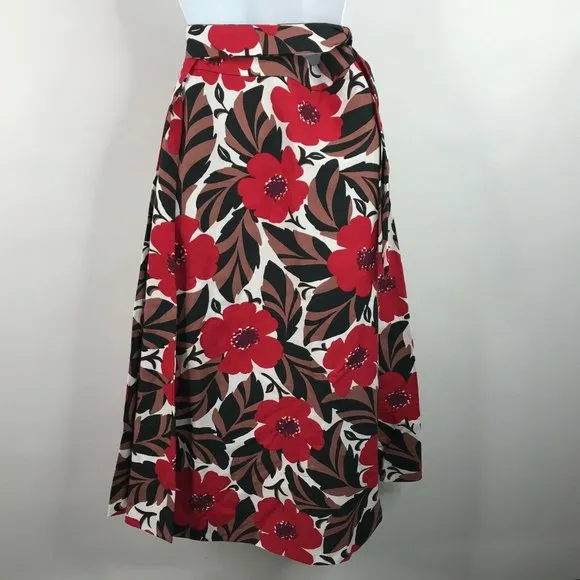 Kate Spade Poppy Field Lingonberry Red Floral Linen Blend Midi Wrap Skirt