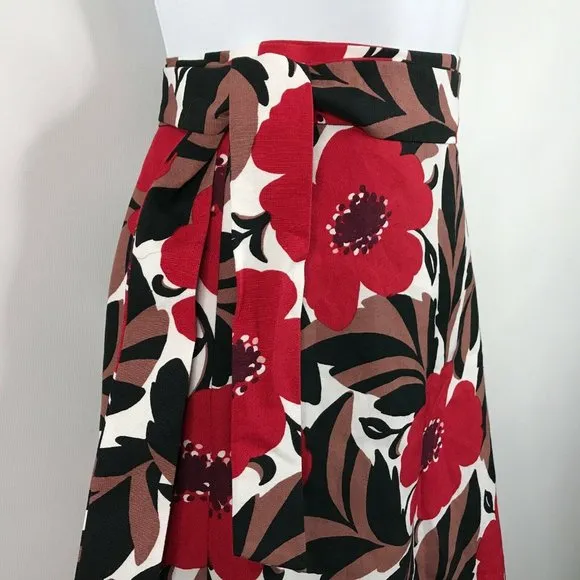Kate Spade Poppy Field Lingonberry Red Floral Linen Blend Midi Wrap Skirt