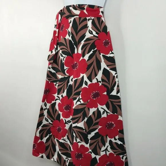 Kate Spade Poppy Field Lingonberry Red Floral Linen Blend Midi Wrap Skirt