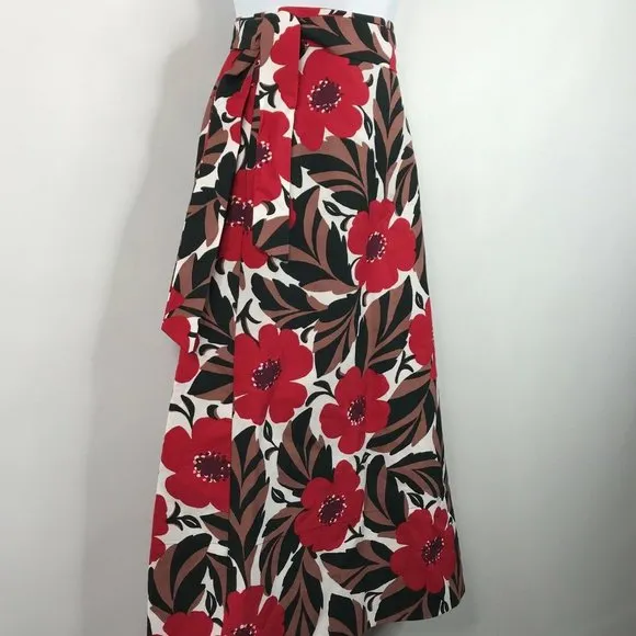 Kate Spade Poppy Field Lingonberry Red Floral Linen Blend Midi Wrap Skirt