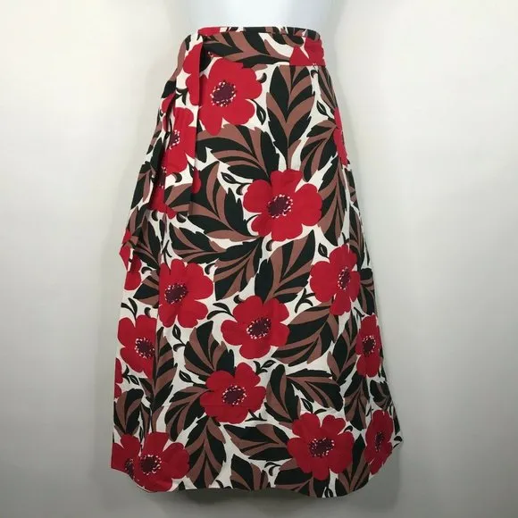 Kate Spade Poppy Field Lingonberry Red Floral Linen Blend Midi Wrap Skirt