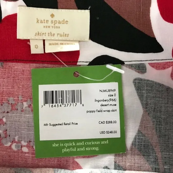 Kate Spade Poppy Field Lingonberry Red Floral Linen Blend Midi Wrap Skirt