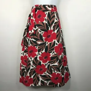Kate Spade Poppy Field Lingonberry Red Floral Linen Blend Midi Wrap Skirt