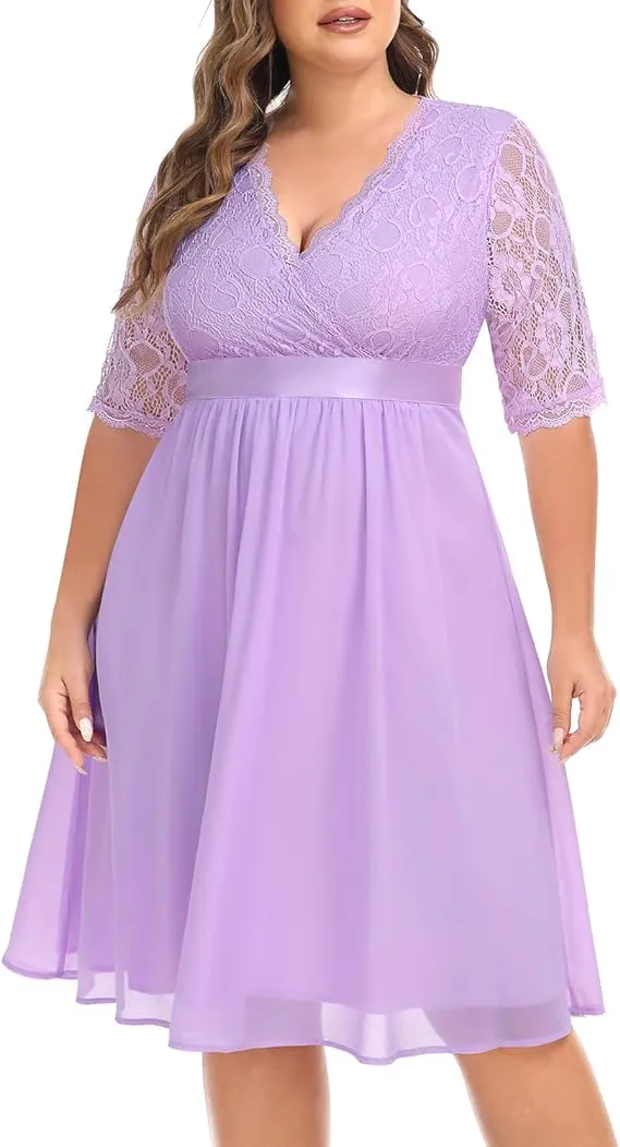 Lace Chiffon Wrap V Neck Cocktail Dress