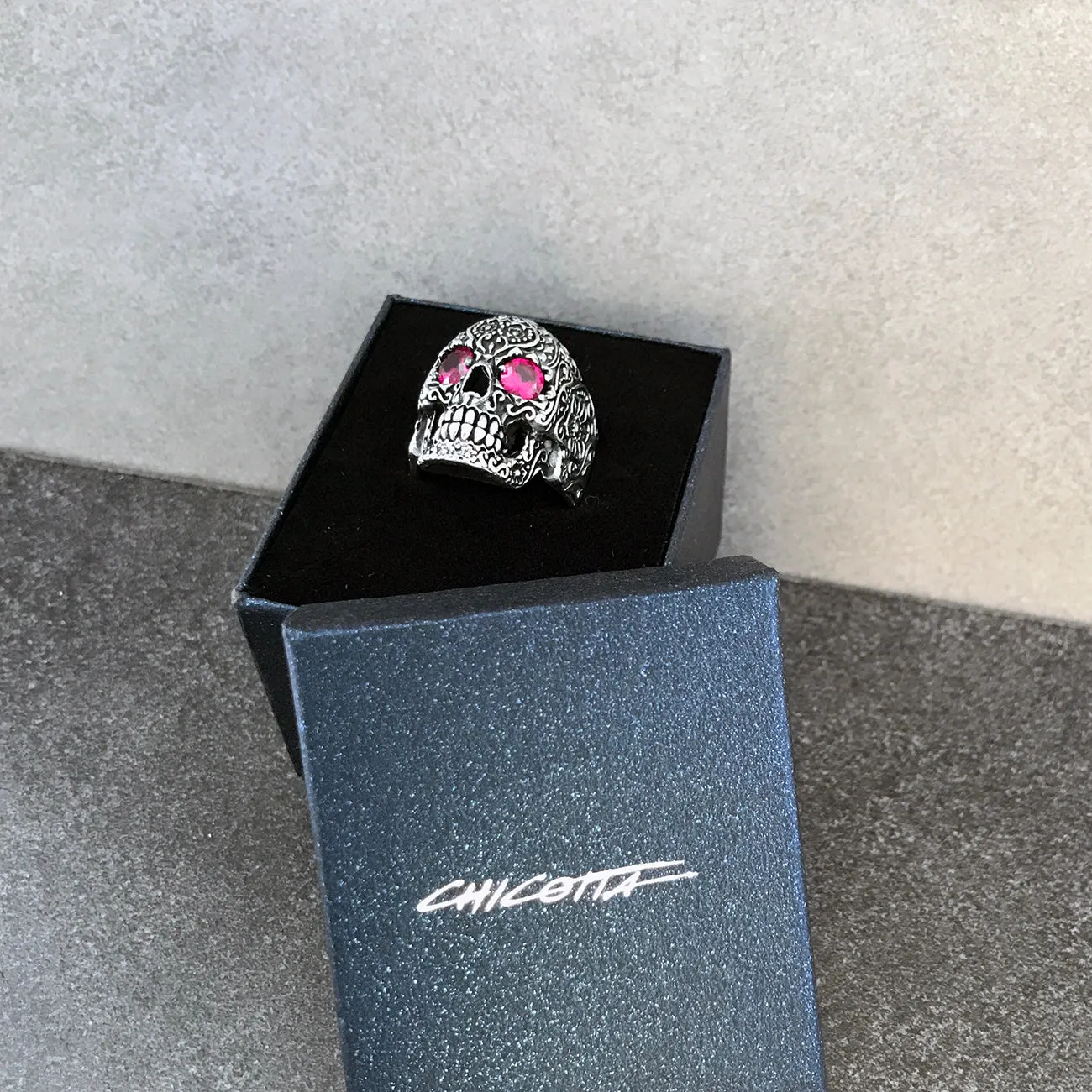 Large Floral Skull with Purple Cubic Zirconia Eyes Sterling Silver Biker's Ring