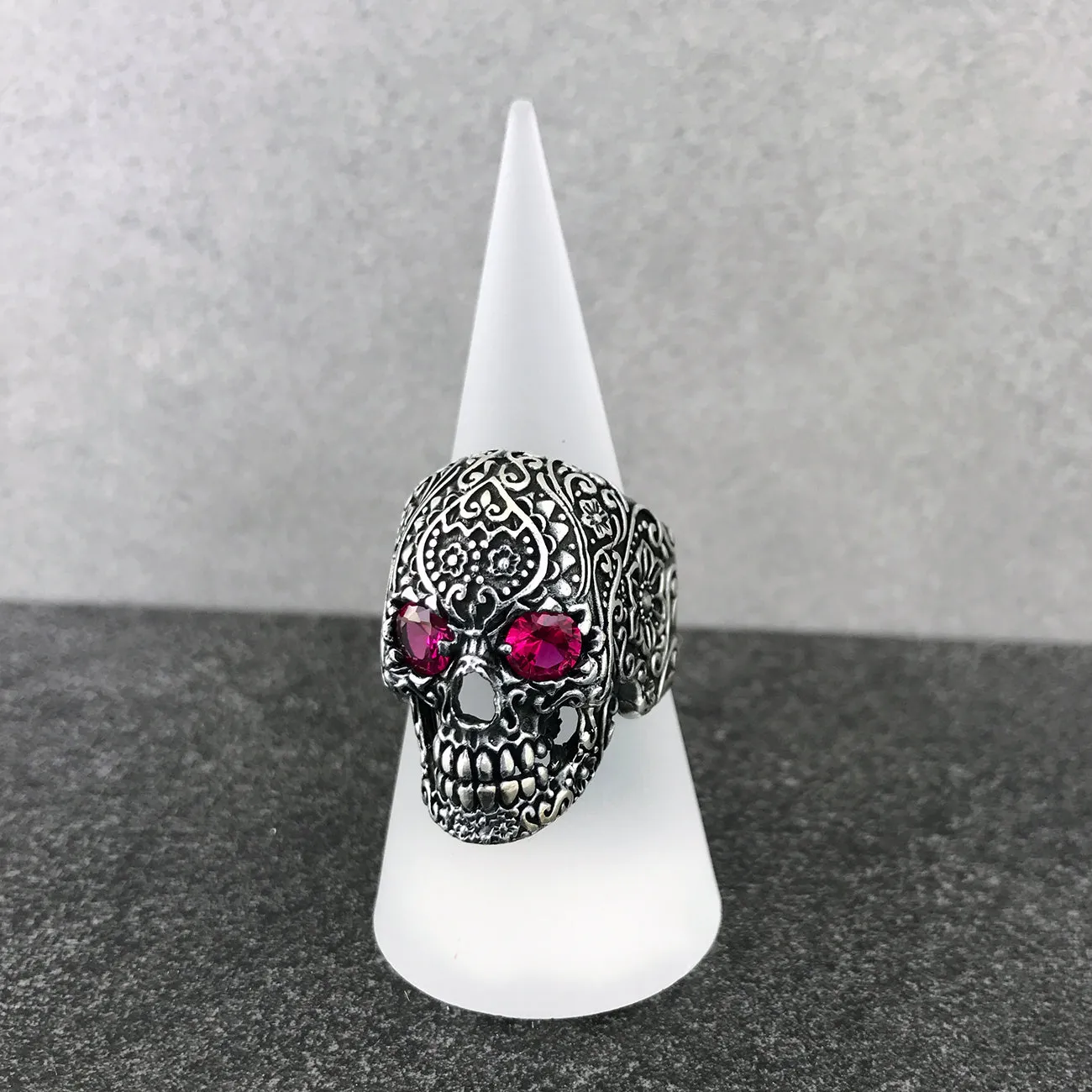 Large Floral Skull with Purple Cubic Zirconia Eyes Sterling Silver Biker's Ring
