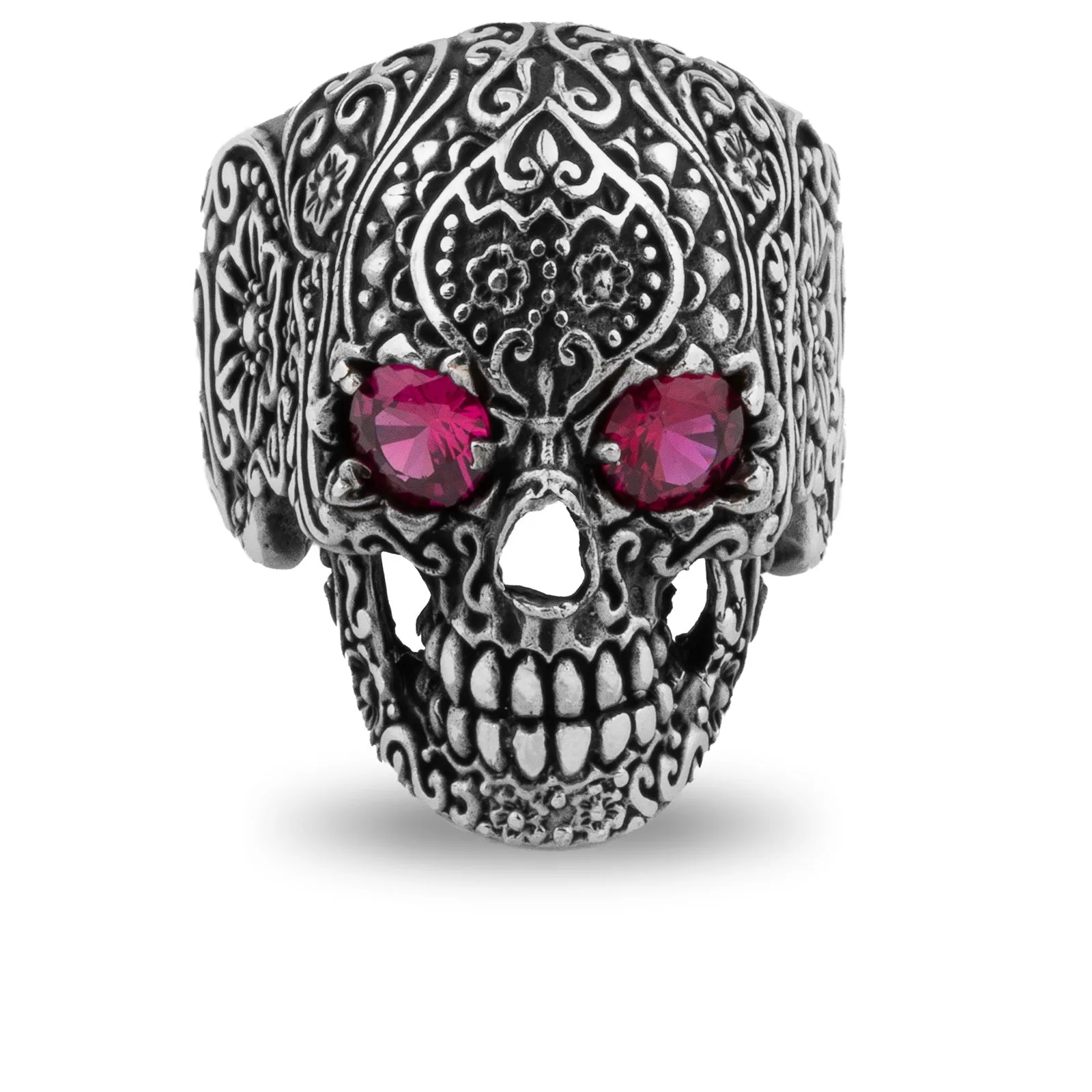 Large Floral Skull with Purple Cubic Zirconia Eyes Sterling Silver Biker's Ring