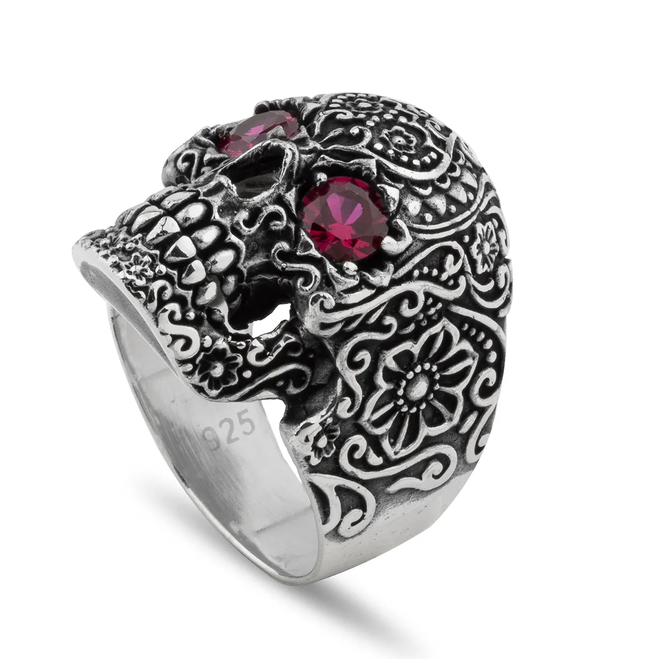 Large Floral Skull with Purple Cubic Zirconia Eyes Sterling Silver Biker's Ring