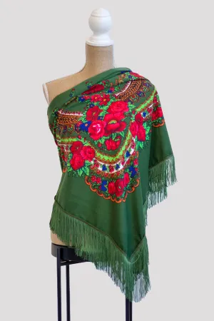 Large Green Square Folk Scarf