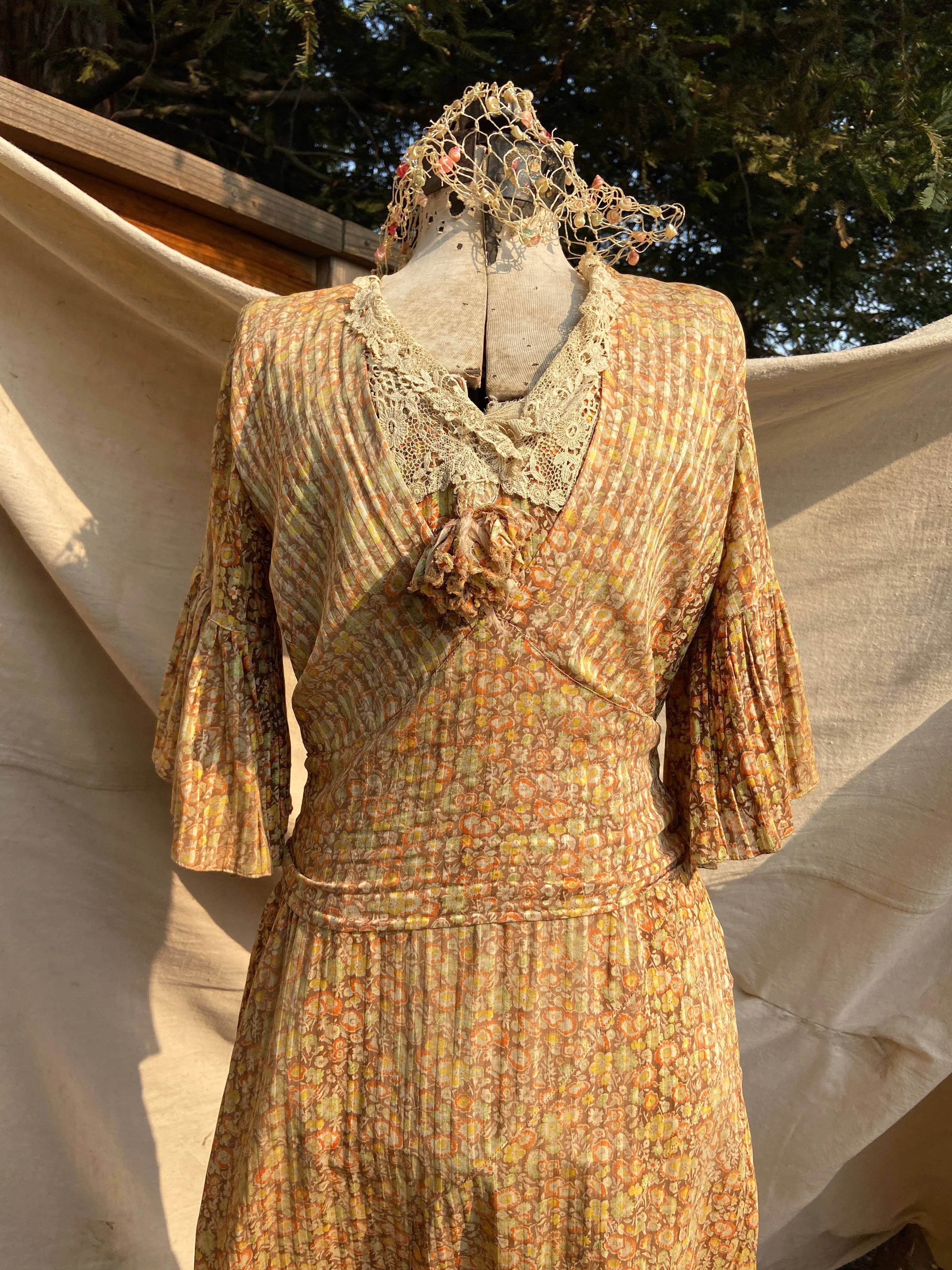 Late 1920s Autumnal Voile Day Dress