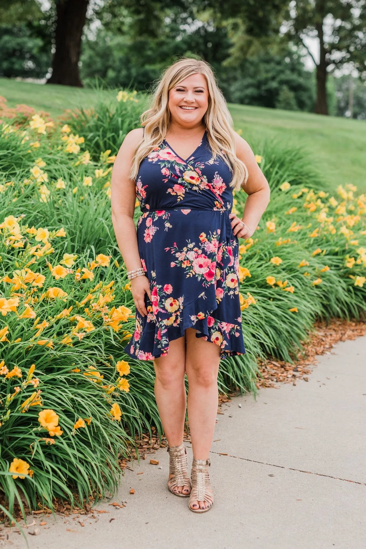 Let Me Love You Floral Wrap Dress- Navy