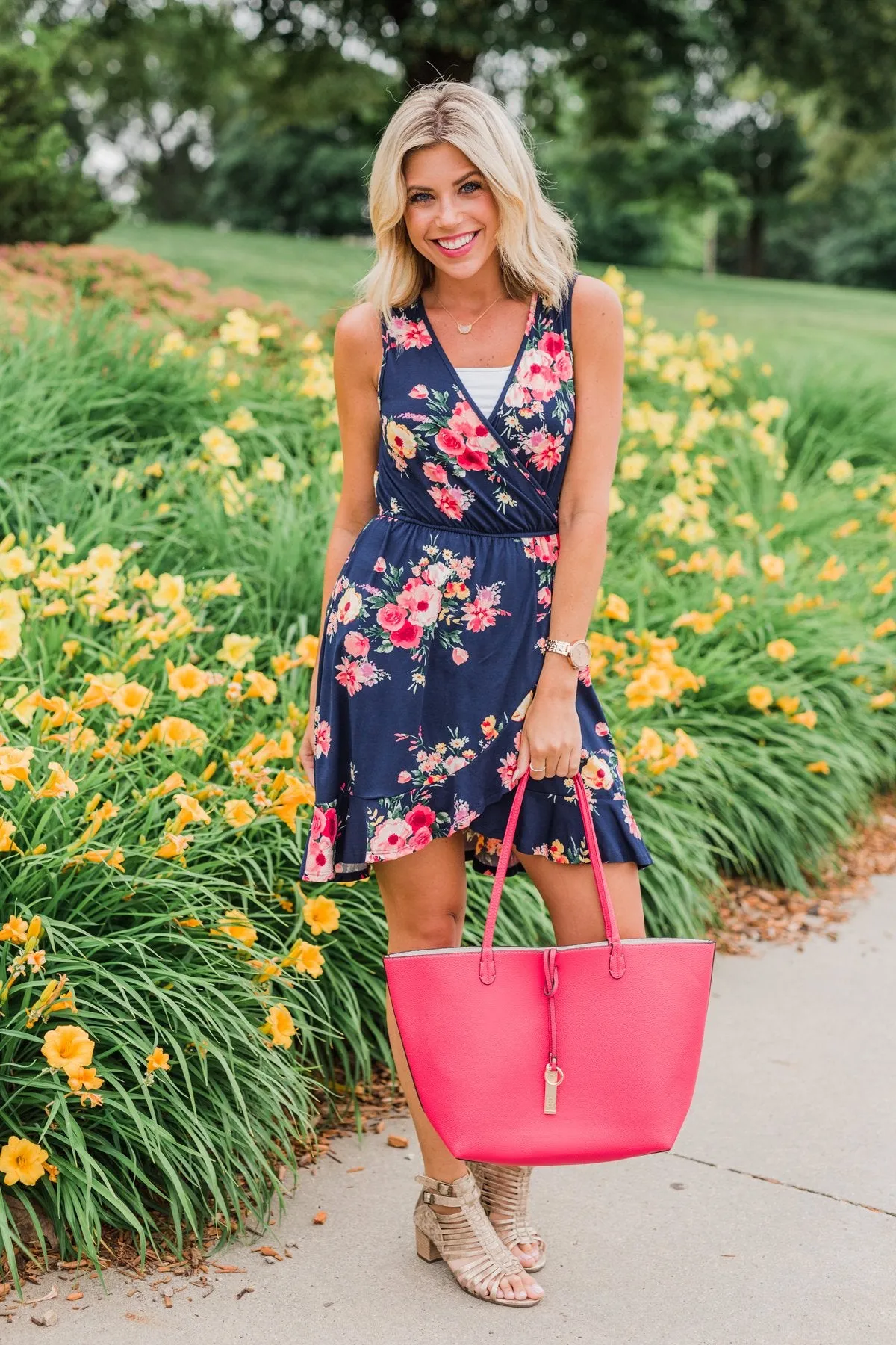 Let Me Love You Floral Wrap Dress- Navy