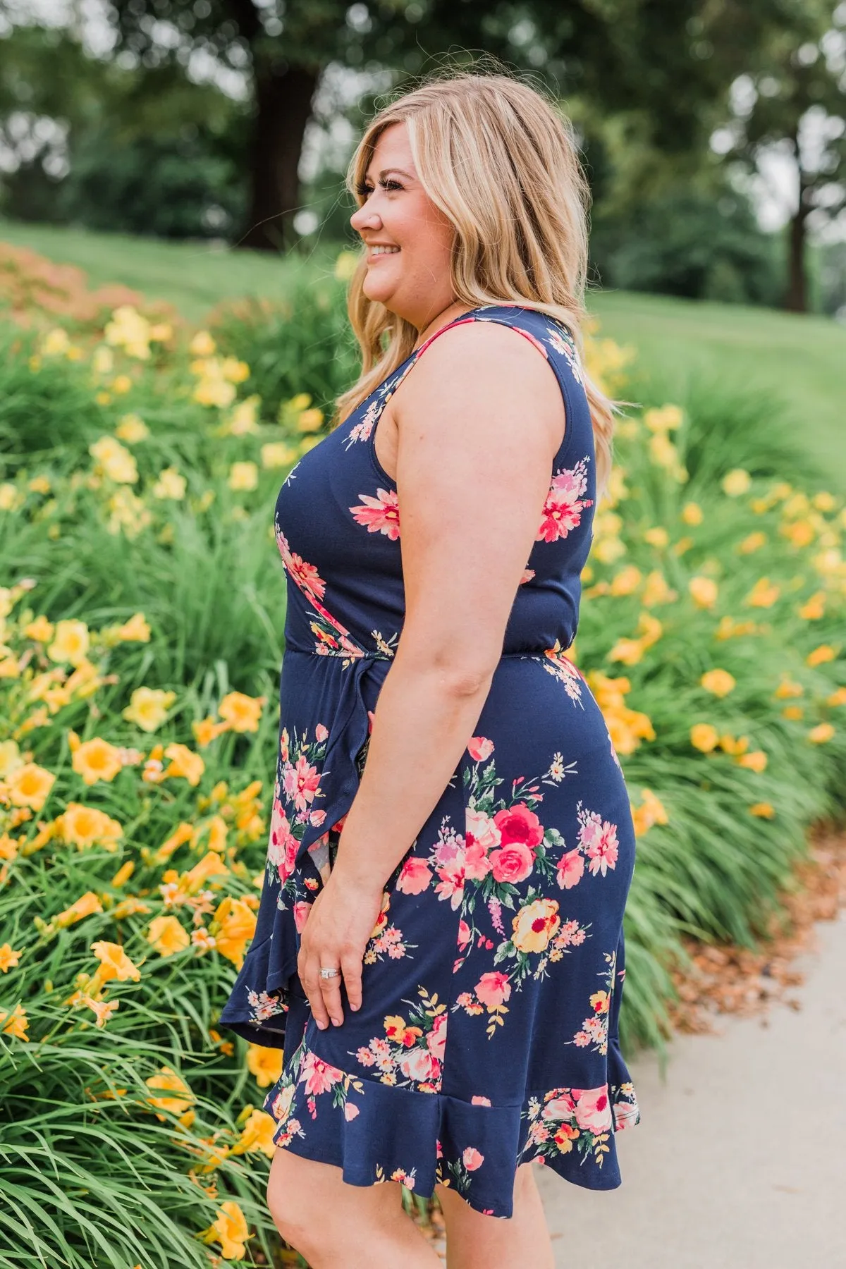 Let Me Love You Floral Wrap Dress- Navy