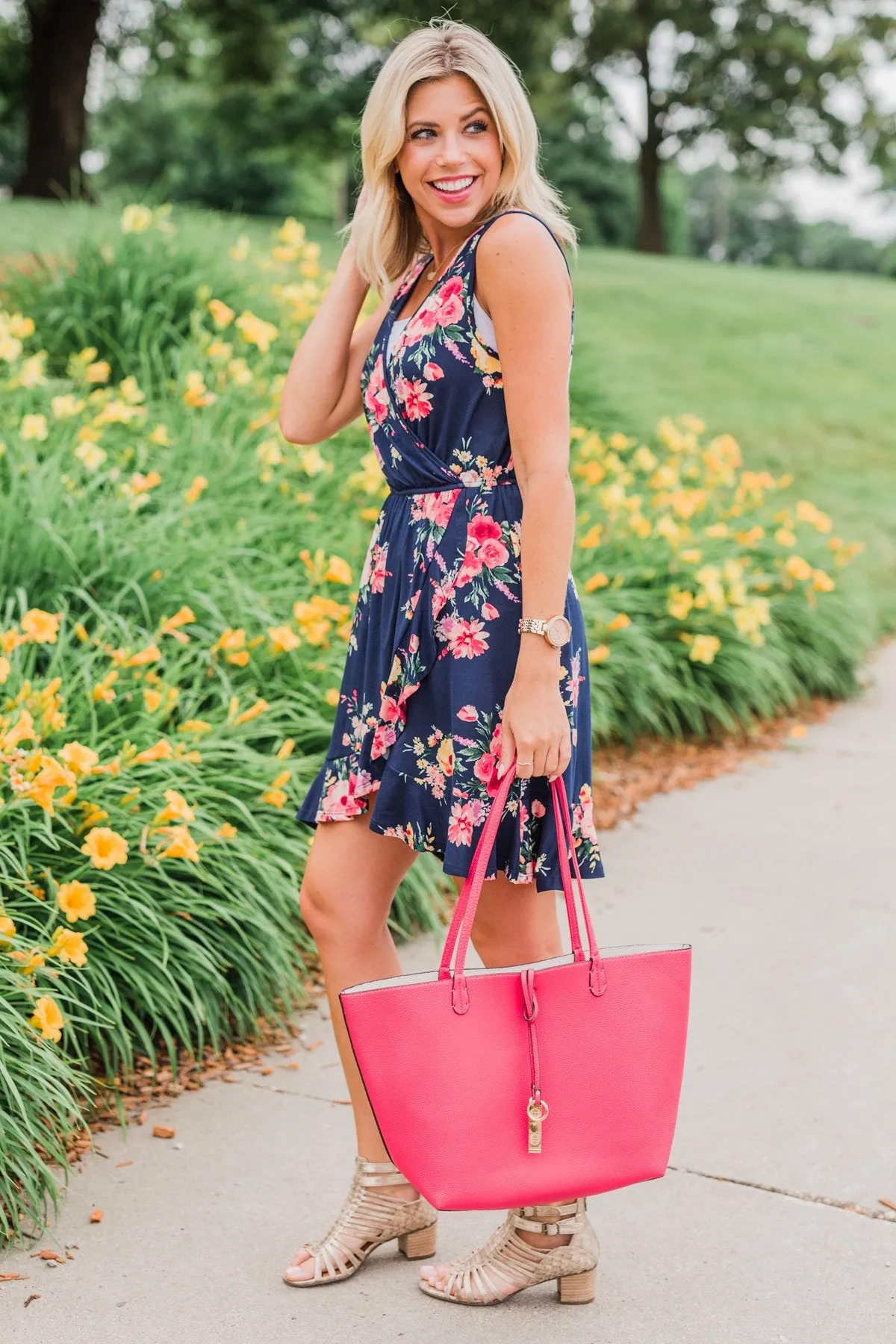 Let Me Love You Floral Wrap Dress- Navy