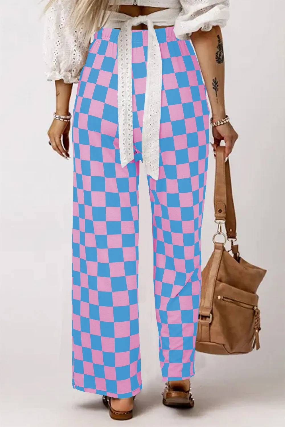 Light Blue 2-Tone Checked Print High Waist Wide Leg Pants