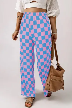 Light Blue 2-Tone Checked Print High Waist Wide Leg Pants