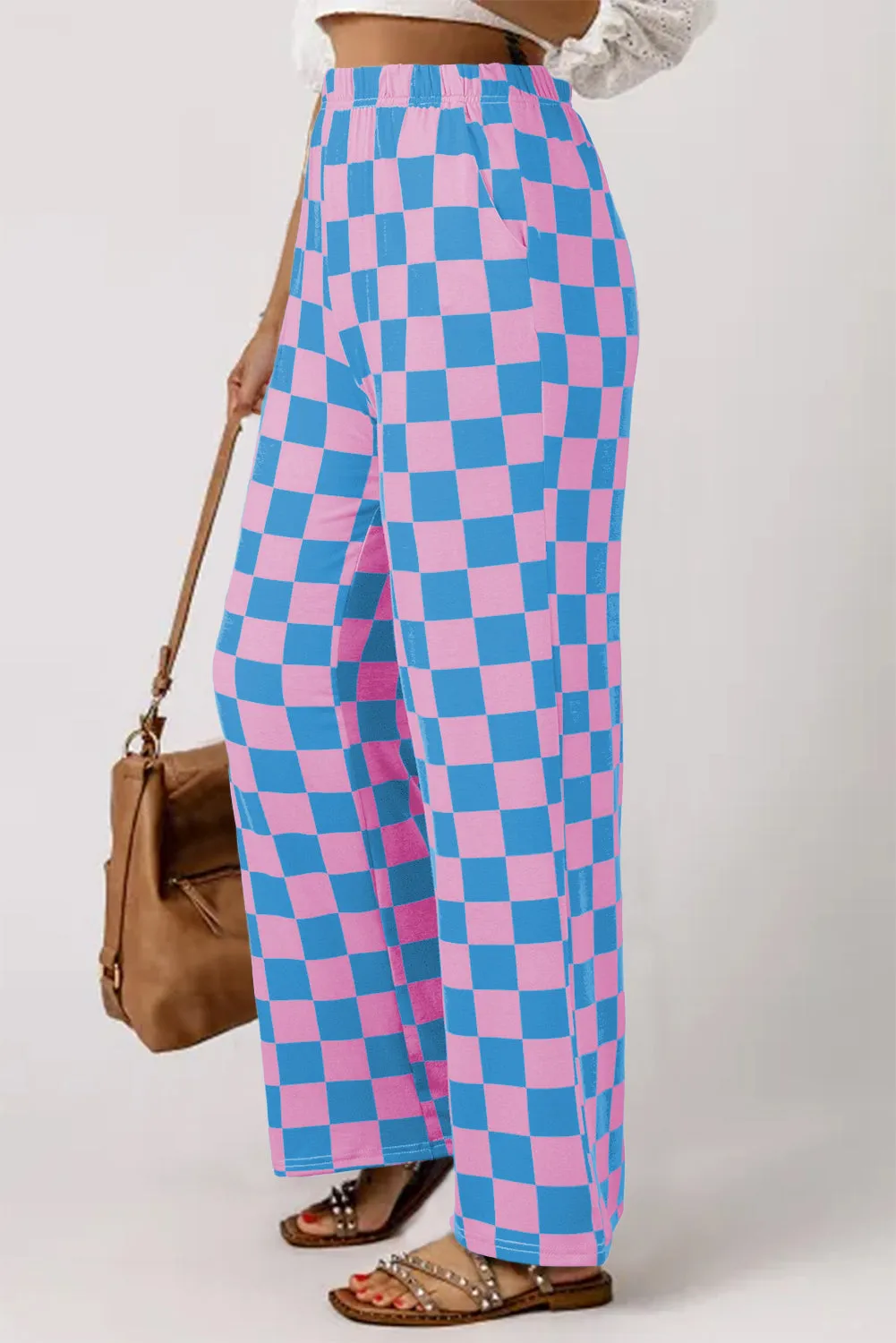 Light Blue 2-Tone Checked Print High Waist Wide Leg Pants