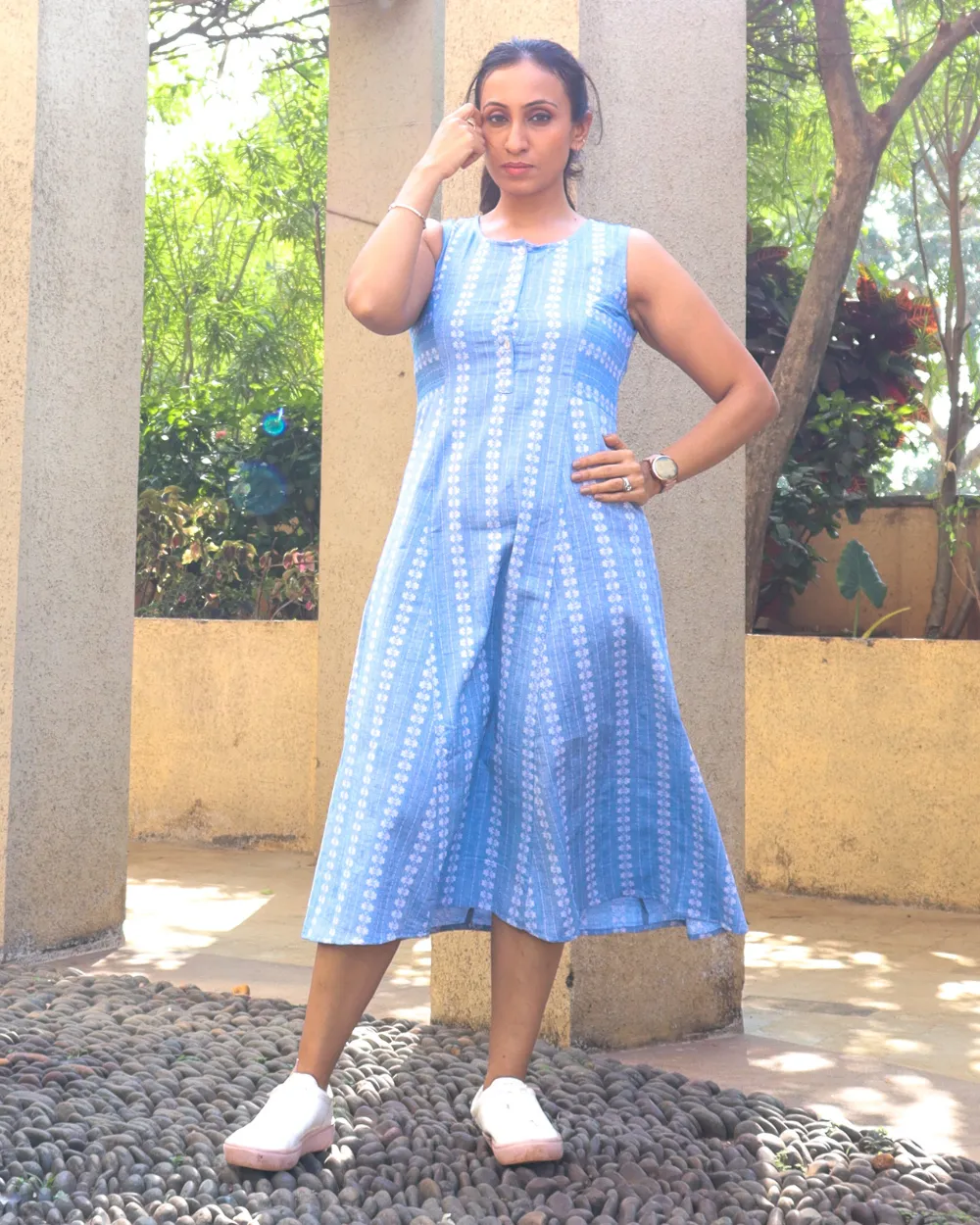 Light Blue Cotton Woven Design A-Line Dress