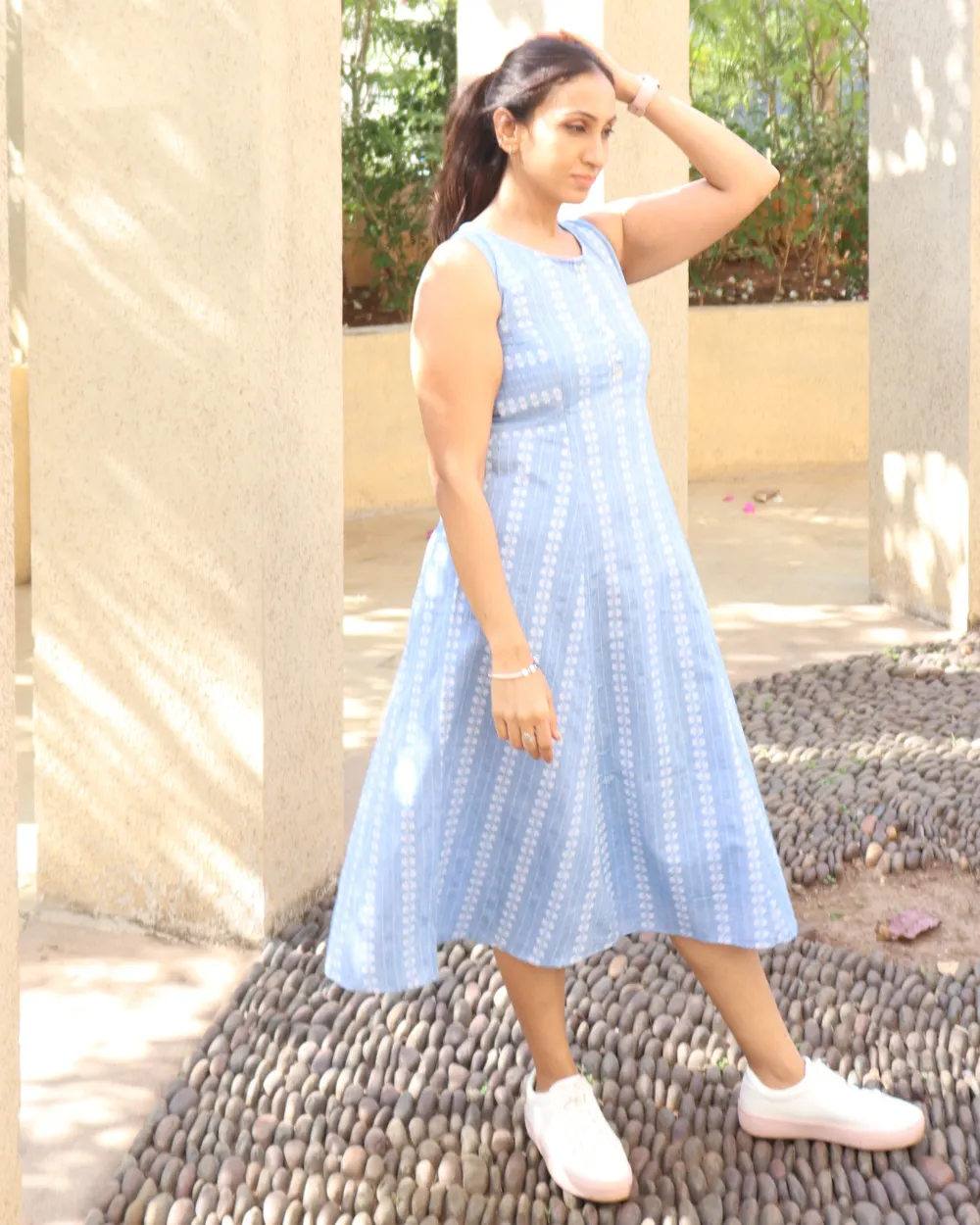Light Blue Cotton Woven Design A-Line Dress
