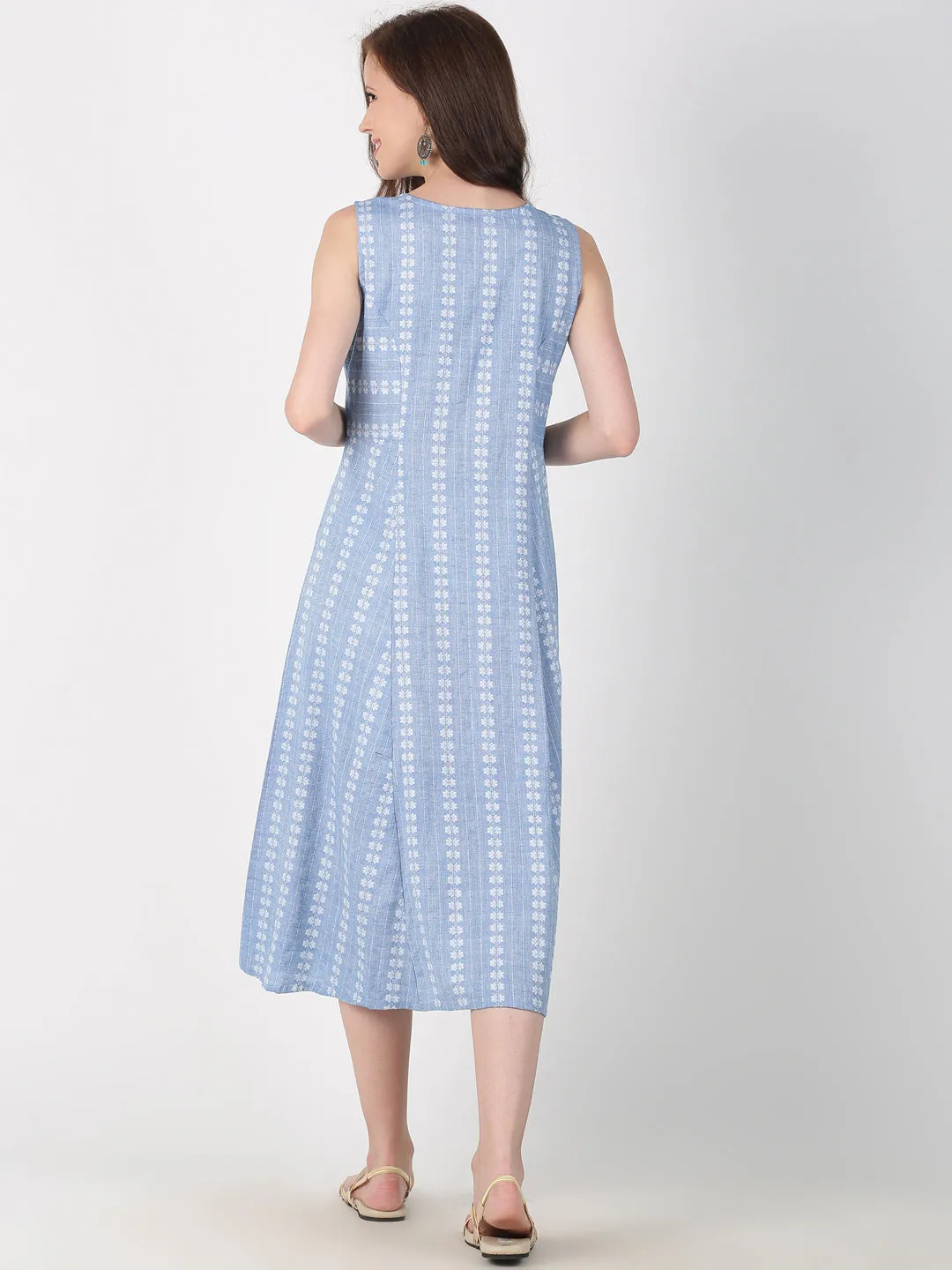 Light Blue Cotton Woven Design A-Line Dress