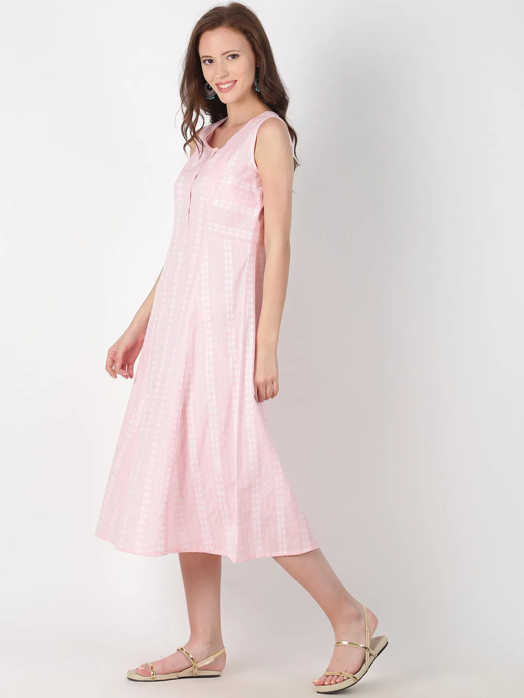 Light Pink Cotton Woven Design A-Line Dress