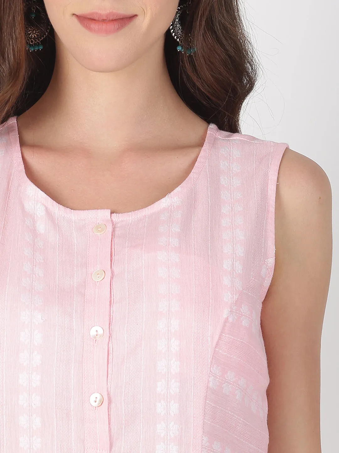 Light Pink Cotton Woven Design A-Line Dress