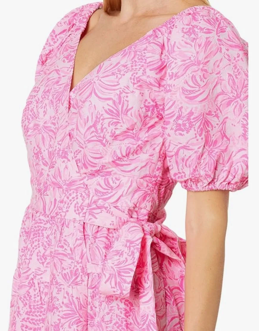 Lilly Pulitzer Iralee Linen Wrap Dress Pink Blossom Foxy Llama NWOT Size 6