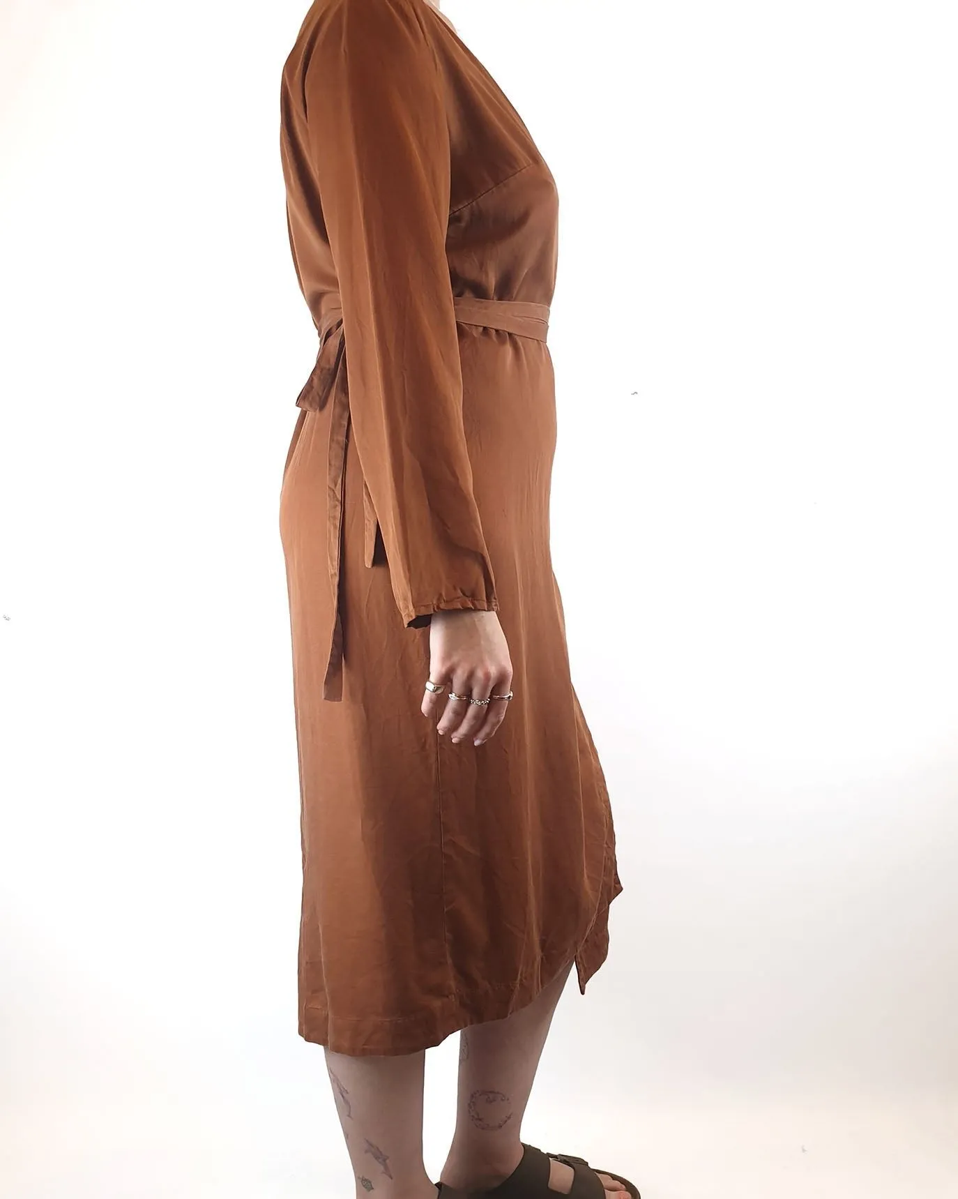 Lois Hazel brown linen mix long sleeve wrap style dress size 12