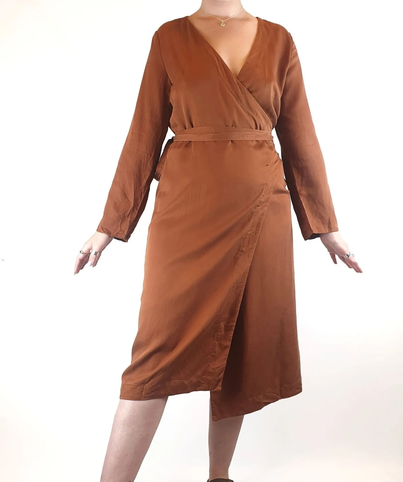 Lois Hazel brown linen mix long sleeve wrap style dress size 12