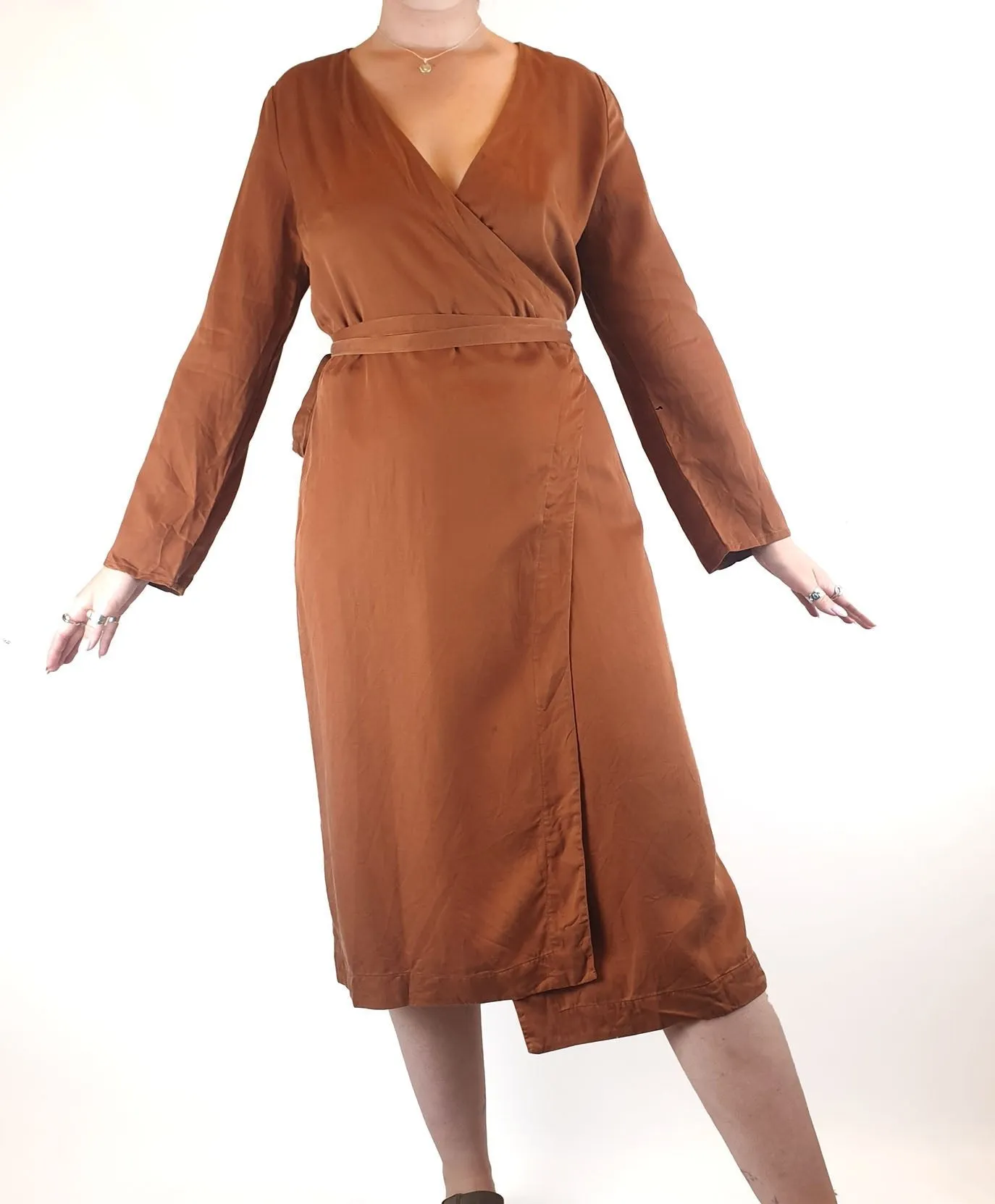 Lois Hazel brown linen mix long sleeve wrap style dress size 12