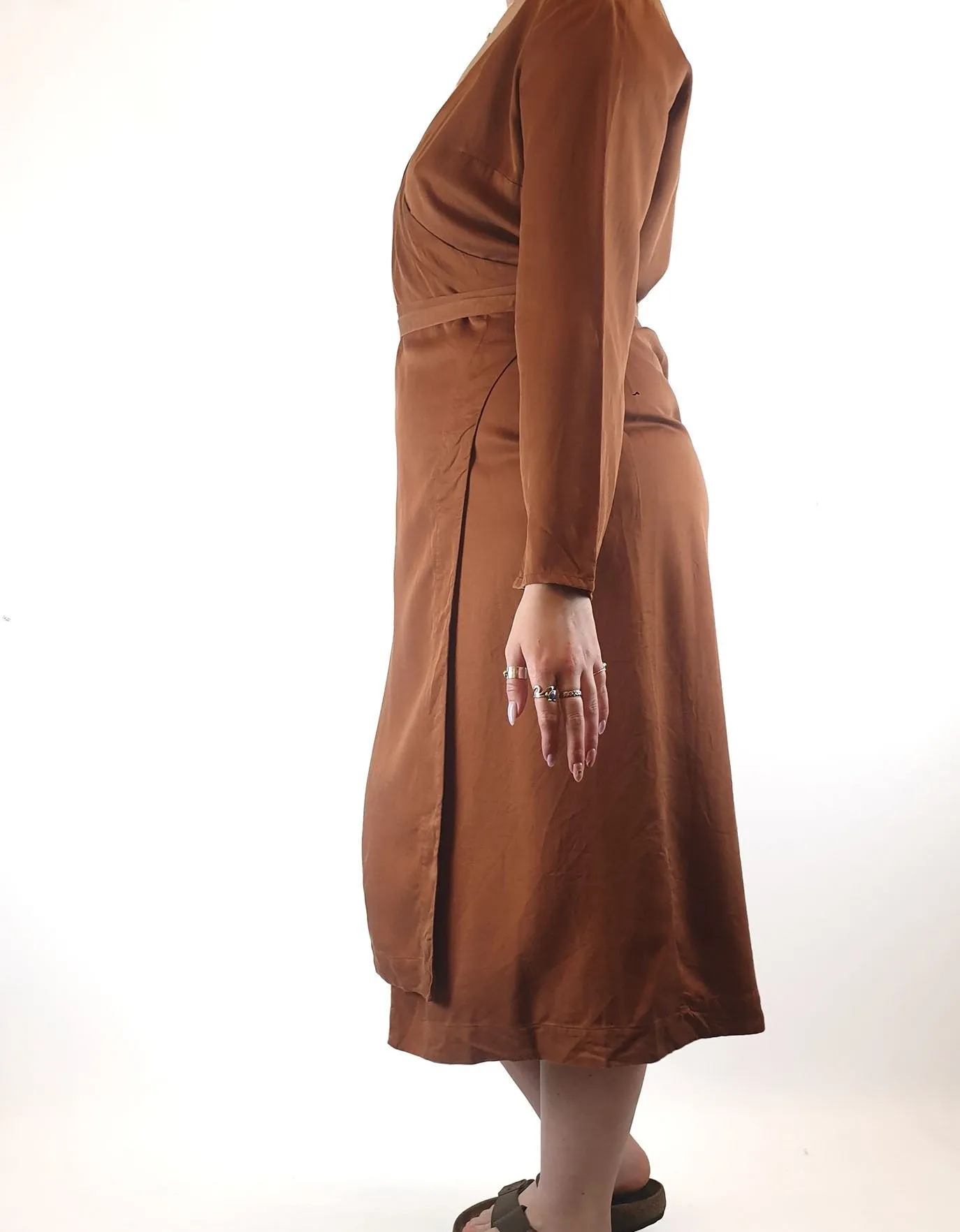 Lois Hazel brown linen mix long sleeve wrap style dress size 12