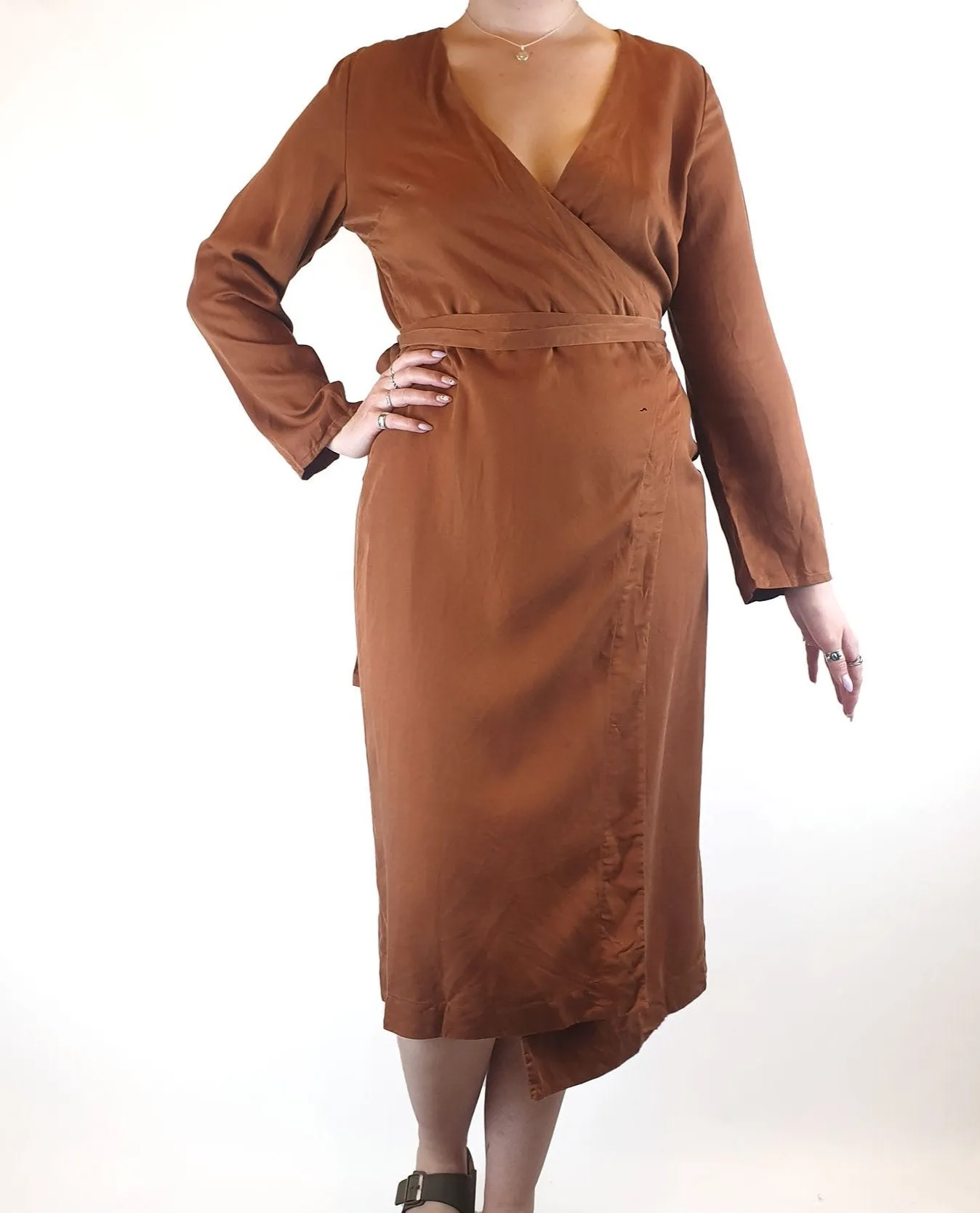 Lois Hazel brown linen mix long sleeve wrap style dress size 12