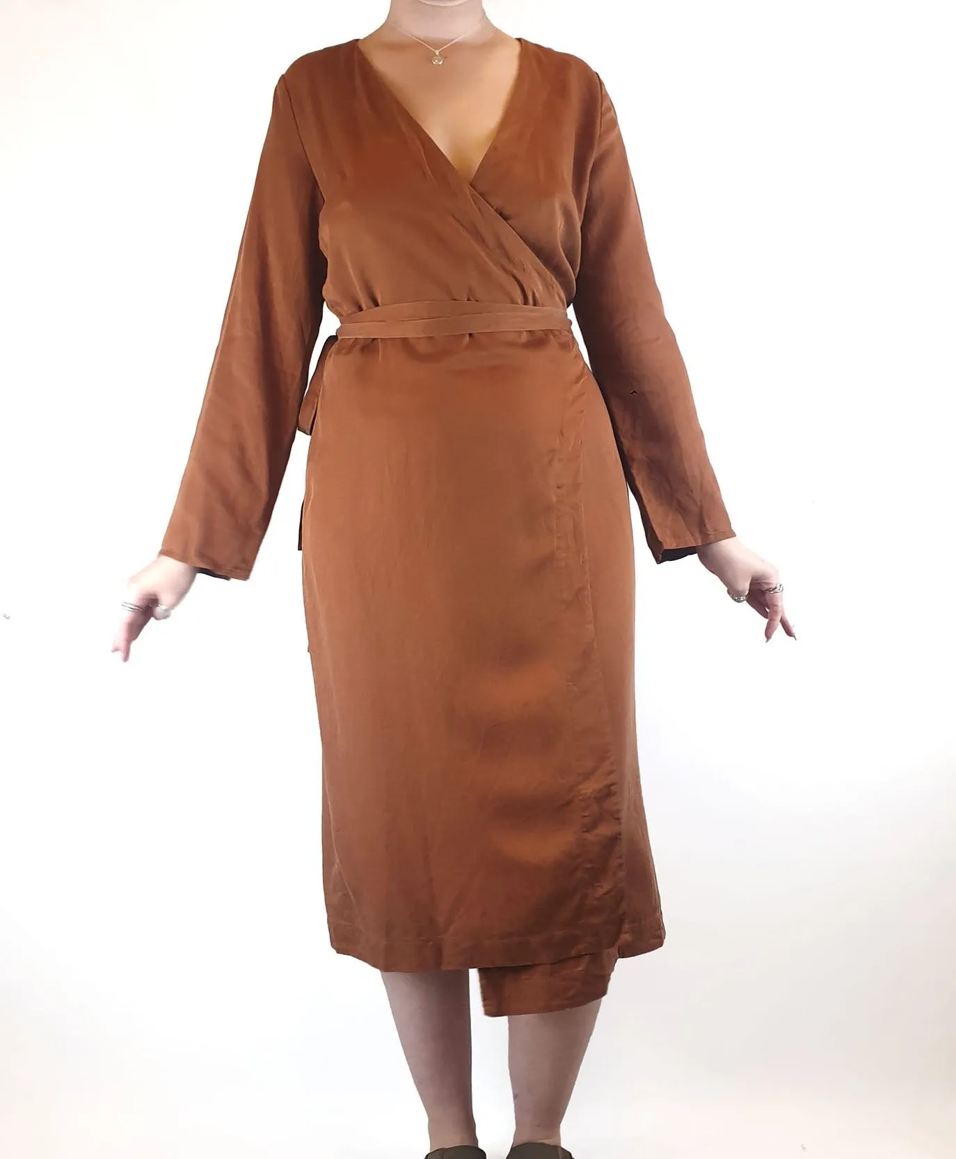 Lois Hazel brown linen mix long sleeve wrap style dress size 12