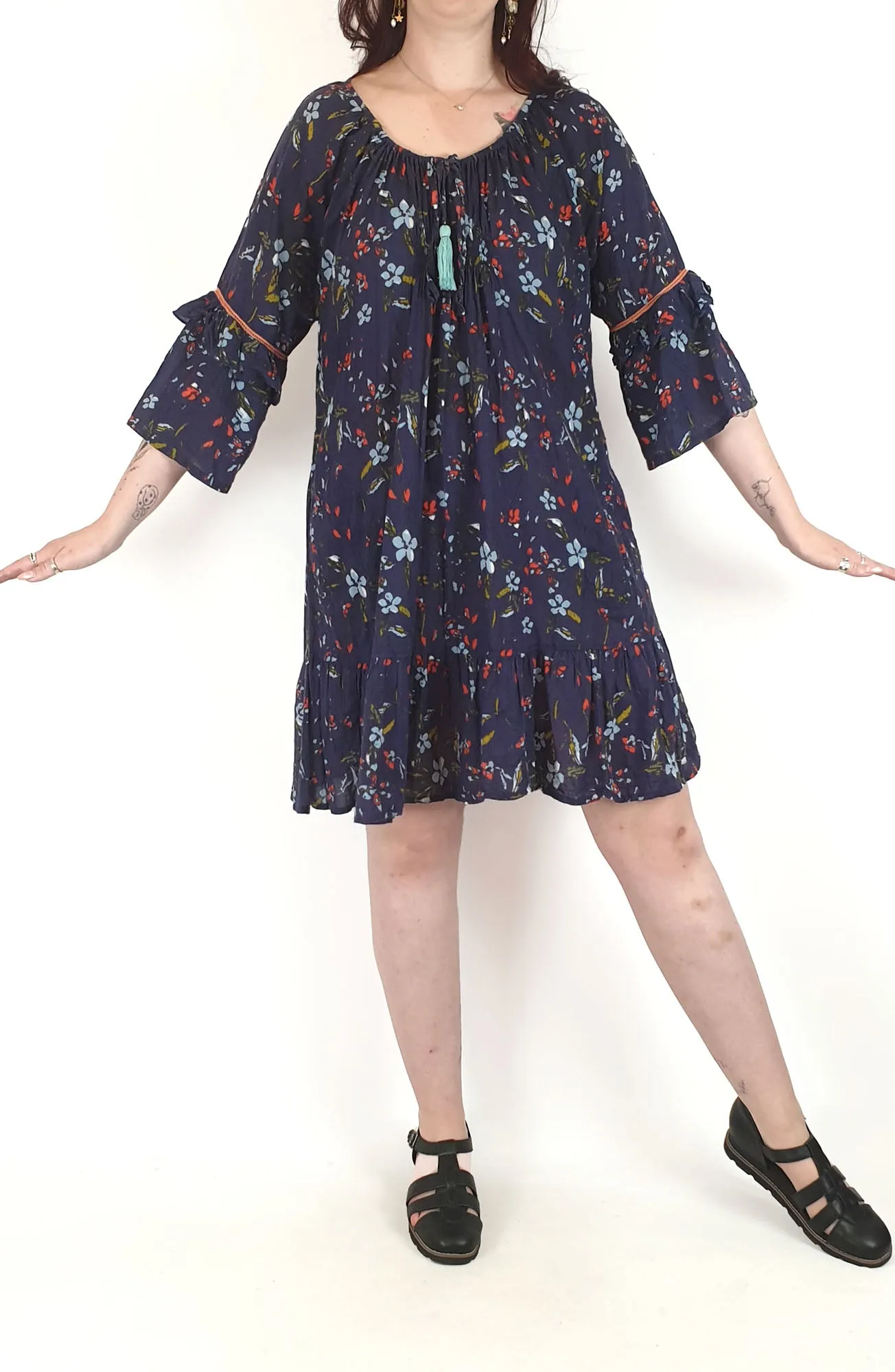 Lulalife blue cotton dress size L, best fits 12-14