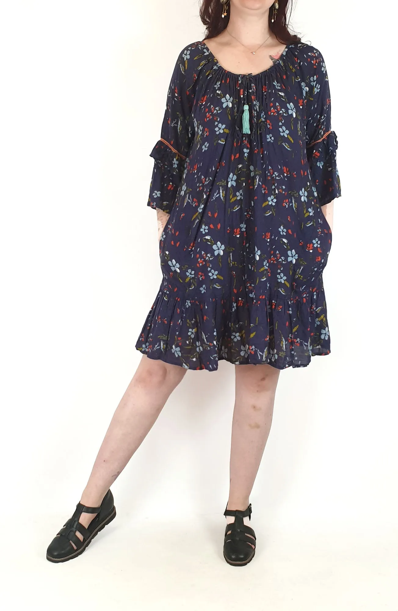 Lulalife blue cotton dress size L, best fits 12-14