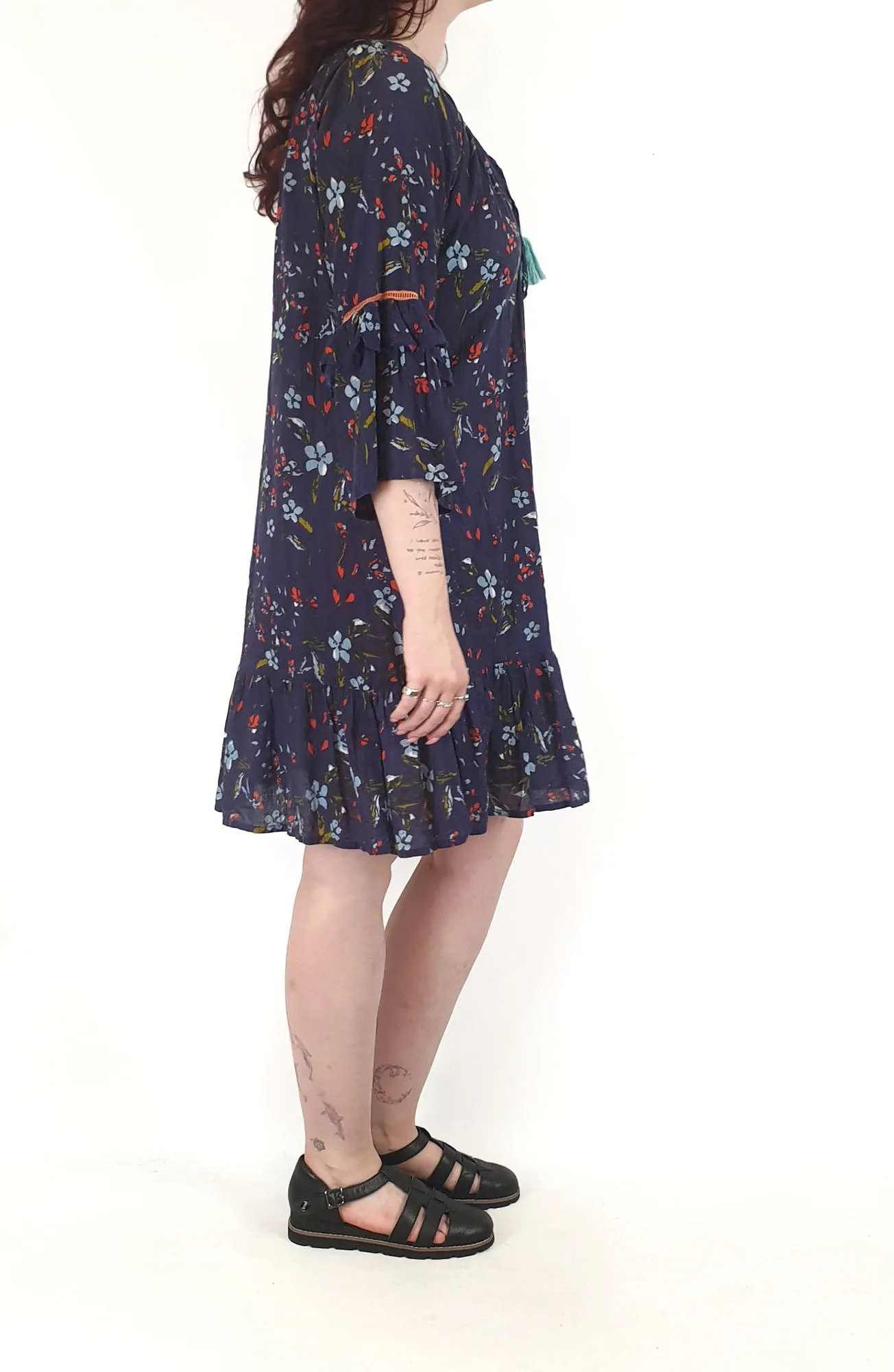 Lulalife blue cotton dress size L, best fits 12-14