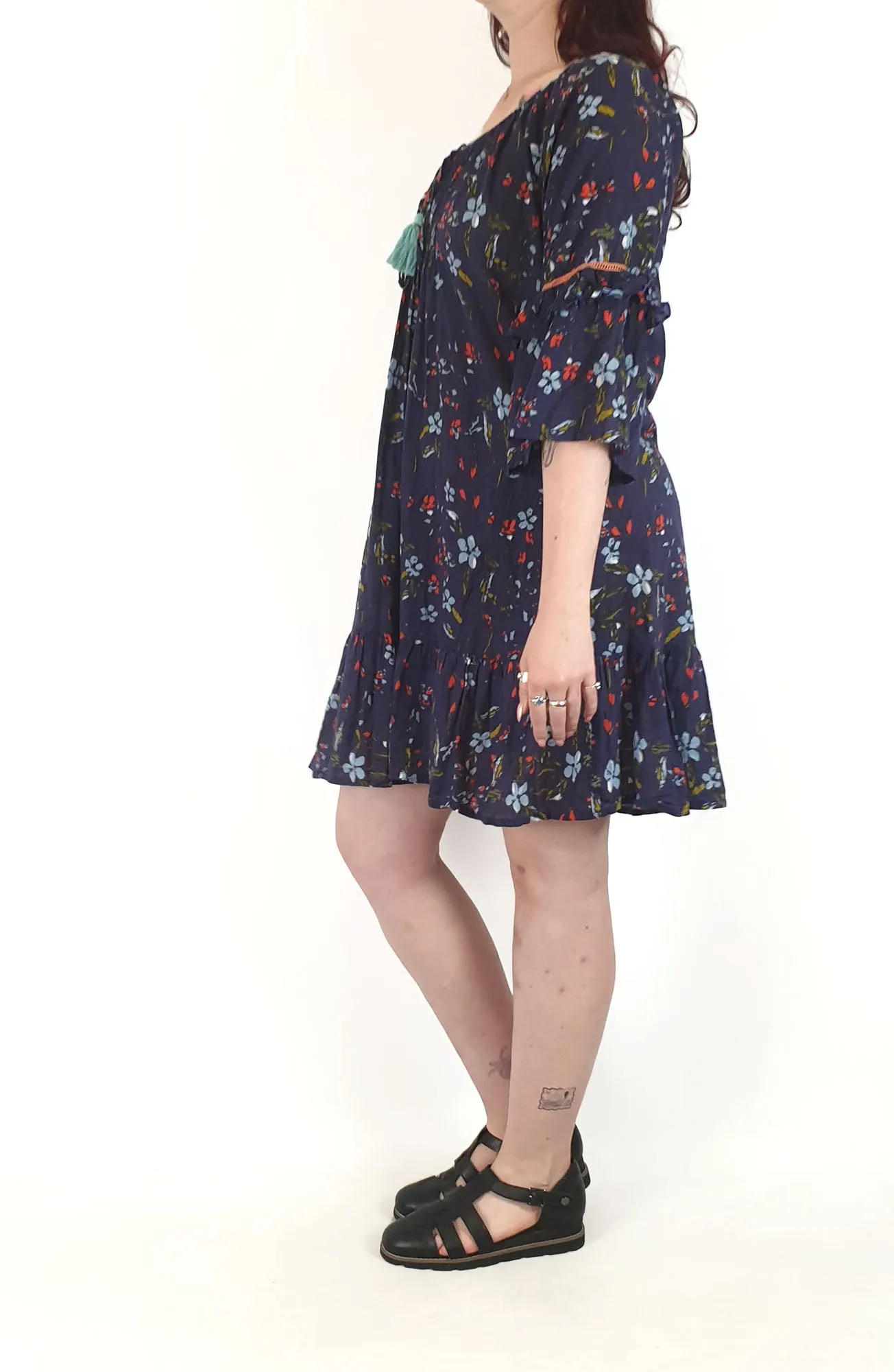 Lulalife blue cotton dress size L, best fits 12-14