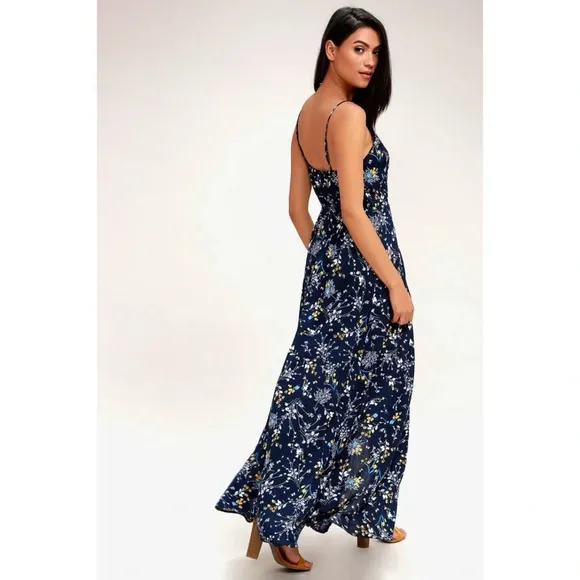 Lulus Sweet as Honeysuckle Navy Blue Floral Print Wrap Maxi Dress