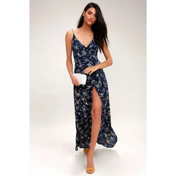 Lulus Sweet as Honeysuckle Navy Blue Floral Print Wrap Maxi Dress