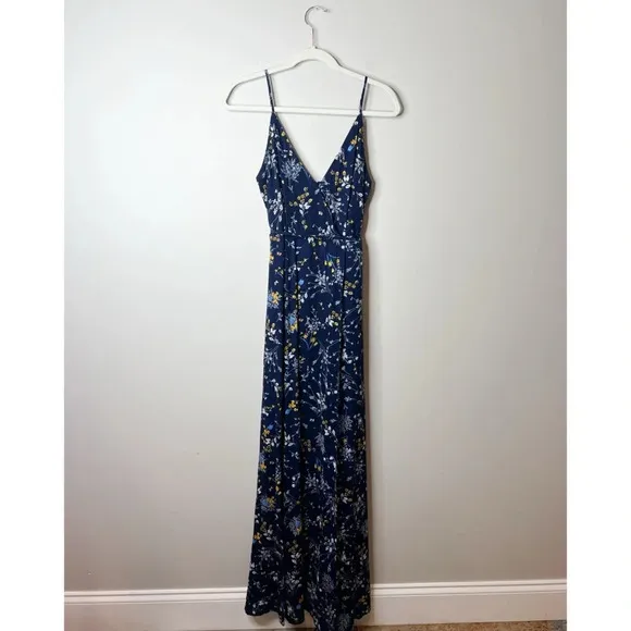 Lulus Sweet as Honeysuckle Navy Blue Floral Print Wrap Maxi Dress