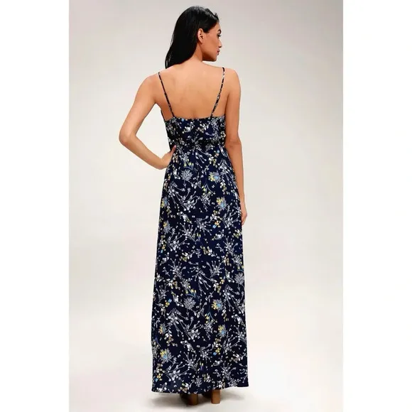 Lulus Sweet as Honeysuckle Navy Blue Floral Print Wrap Maxi Dress
