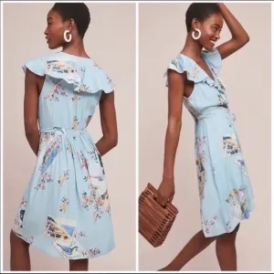 Maeve by Anthropologie Rosalia Faux Wrap Light Blue Floral / Birds Dress Size 4