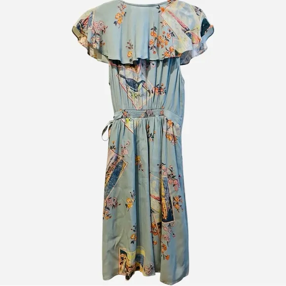 Maeve by Anthropologie Rosalia Faux Wrap Light Blue Floral / Birds Dress Size 4