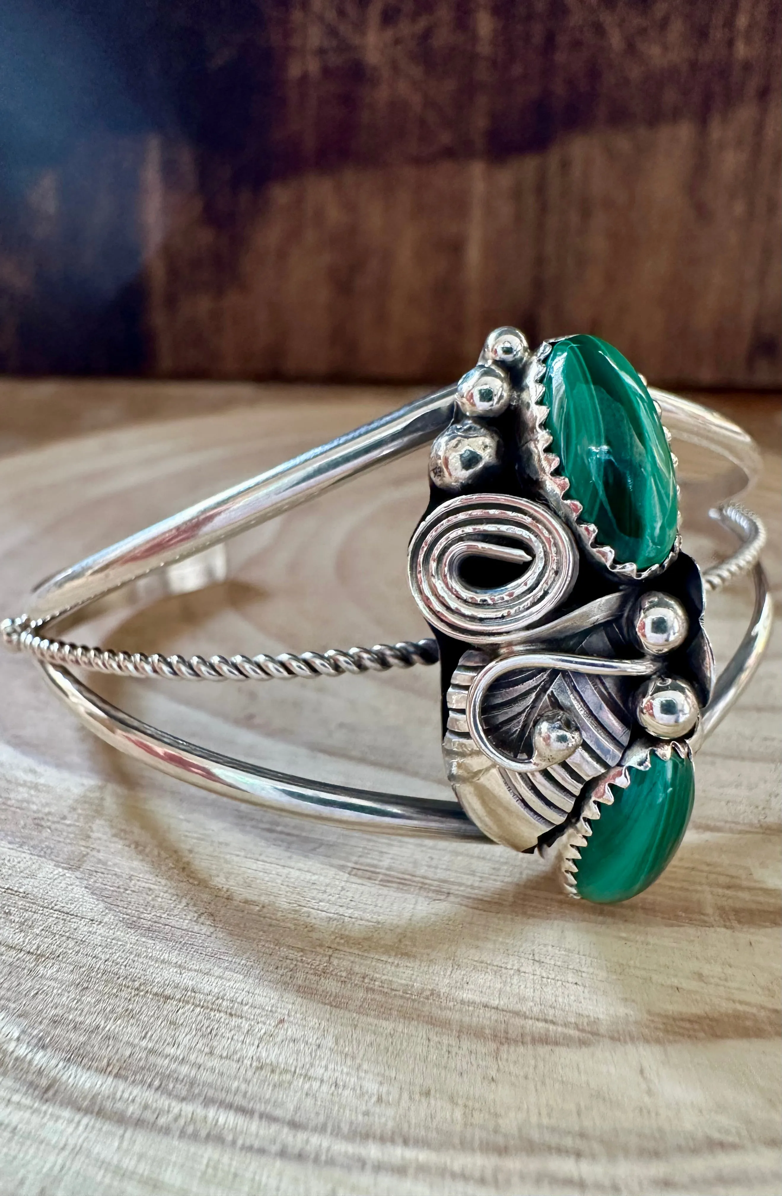 MALACHITE FLORAL GARDEN Sterling Silver Cuff • 12g